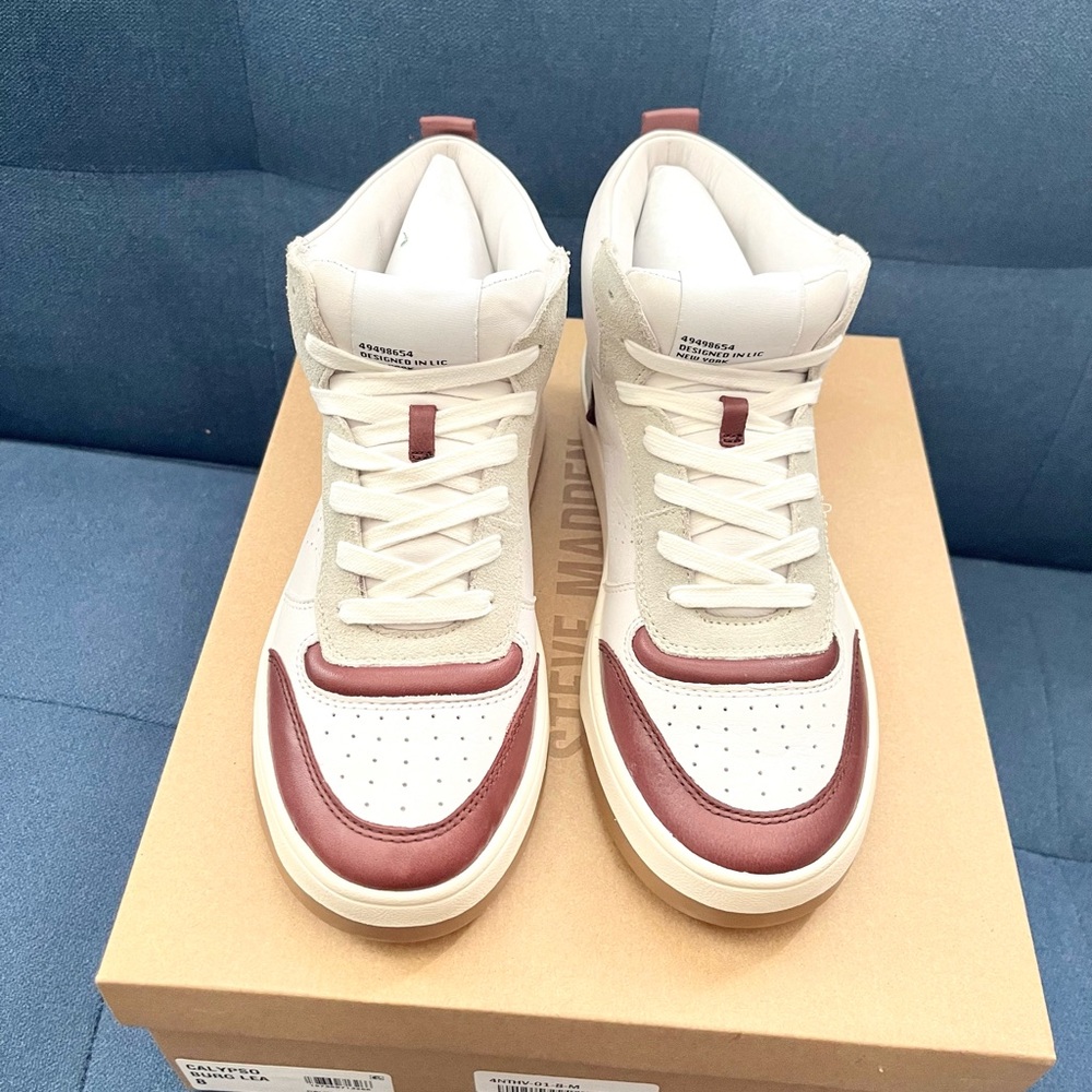 NEW Steve Madden Quality LEATHER Womens Sneakers Shoes White Burgundy size 6 - Picture 5 of 16